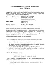 COMPTE-RENDU DU CONSEIL MUNICIPAL du 19 JUIN 2013 Présents : MM. et Mmes DOMAT, Maire, GABET, DELHAYE, TAILLANDIER LECOT, Adjoints, CHAUDRON, POIRET, MARTIN, NICOLAU, LONGET, SAMBOURG, VALLET, ADRIEN, HERAUT, Conseiller