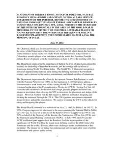 STATEMENT OF HERBERT FROST, ASSOCIATE DIRECTOR, NATURAL RESOURCE STEWARDSHIP AND SCIENCE, NATIONAL PARK SERVICE, DEPARTMENT OF THE INTERIOR, BEFORE THE SUBCOMMITTEE ON NATIONAL PARKS OF THE SENATE ENERGY AND NATURAL RESO