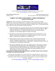 P.O. Box 95085, Lincoln, NE[removed], Phone[removed], Fax[removed]Email: [removed] Web Site: www.neo.ne.gov FOR IMMEDIATE RELEASE October 1, 2012