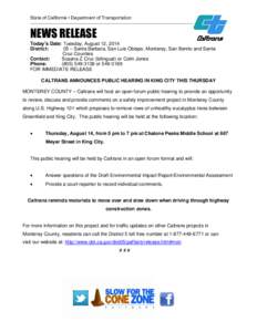 State of California • Department of Transportation  __________________________________________________________ NEWS RELEASE Today’s Date: Tuesday, August 12, 2014