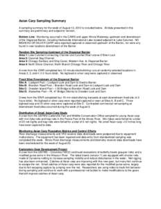 Asian Carp Sampling Summary A sampling summary for the week of August 13, 2012 is included below. All data presented in this summary are preliminary and subject to revision. Bottom Line: Monitoring occurred in the CAWS a