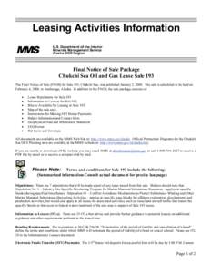 Leasing Activities Information U.S. Department of the Interior Minerals Management Service Alaska OCS Region  Final Notice of Sale Package