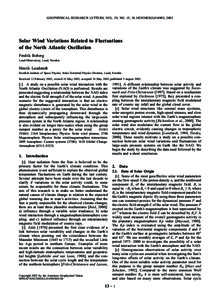GEOPHYSICAL RESEARCH LETTERS, VOL. 29, NO. 15, [removed]2002GL014903, 2002  Solar Wind Variations Related to Fluctuations of the North Atlantic Oscillation Fredrik Boberg Lund Observatory, Lund, Sweden