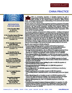 CHINA PRACTICE  RECOGNITION FOR OUR WORK #1 for Canadian M&A by deal count