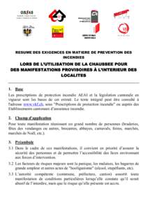 RESUME DES EXIGENCES EN MATIERE DE PREVENTION DES INCENDIES LORS DE L’UTILISATION DE LA CHAUSSEE POUR DES MANIFESTATIONS PROVISOIRES À L’INTERIEUR DES LOCALITES