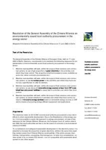 Resolution of the General Assembly of the Climate Alliance on environmentally sound local authority procurement in the energy sector Adopted of the General Assembly of the Climate Alliance on 17 June 2003 in Berlin  Text