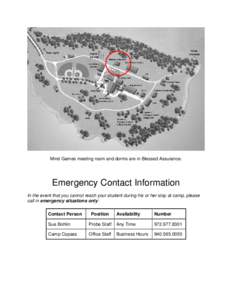 Mind Games meeting room and dorms are in Blessed Assurance.  Emergency Contact Information In the event that you cannot reach your student during his or her stay at camp, please call in emergency situations only: Contact