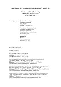 Australian & New Zealand Society of Respiratory Science Inc 18th Annual Scientific Meeting Wellington, New Zealand[removed]April, 1997  Invited Speakers: