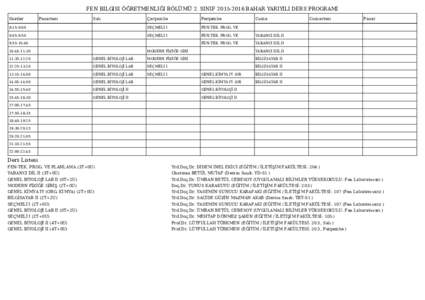 FEN BILGISI ÖĞRETMENLIĞI BÖLÜMÜ 2. SINIFBAHAR YARIYILI DERS PROGRAMI Saatler Pazartesi  Salı