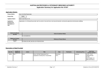 AUSTRALIAN PESTICIDES & VETERINARY MEDICINES AUTHORITY Application Summary for Application No[removed]Application Details: Product Name: