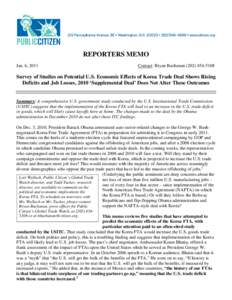 REPORTERS MEMO Jan. 6, 2011 Contact: Bryan BuchananSurvey of Studies on Potential U.S. Economic Effects of Korea Trade Deal Shows Rising