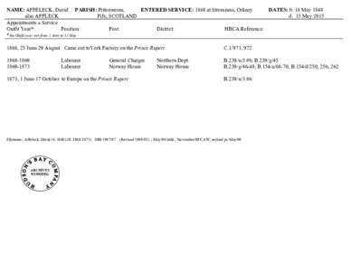 NAME: AFFELECK, David PARISH: Pittenweem, ENTERED SERVICE: 1868 at Stromness, Orkney DATES: b. 18 May 1848 also AFFLECK Fife, SCOTLAND d. 15 May 1915