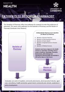 PATHWAYS TO BECOME A PHARMACIST The Discipline of Pharmacy offers two pathways for students to enter the profession of pharmacy. The career entry pathways are the Bachelor of Pharmacy and the Master of Pharmacy (Graduate