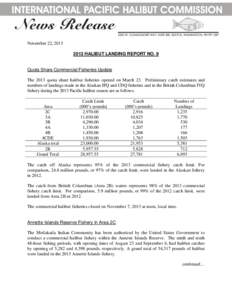 November 22, HALIBUT LANDING REPORT NO. 9 Quota Share Commercial Fisheries Update The 2013 quota share halibut fisheries opened on March 23. Preliminary catch estimates and numbers of landings made in the Alask