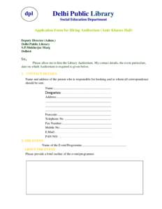 dpl  Delhi Public Library Social Education Department Application Form for Hiring Auditorium (Amir Khusro Hall)