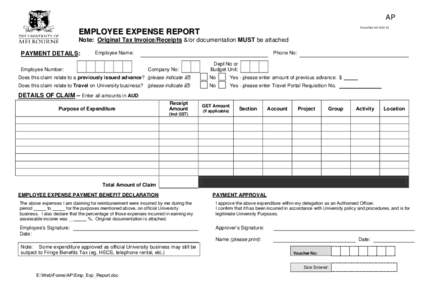 AP Form Ref V4EMPLOYEE EXPENSE REPORT Note: Original Tax Invoice/Receipts &/or documentation MUST be attached PAYMENT DETAILS: