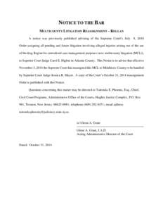 Notice and Order - Multicounty Litigation – Reglan Litigation – Reassigned from Atlantic to Middlesex