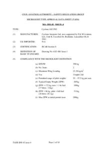 CIVIL AVIATION AUTHORITY – SAFETY REGULATION GROUP MICROLIGHT TYPE APPROVAL DATA SHEET (TADS) NO: BM 45 ISSUE: 4 TYPE:  Cyclone AX3/503