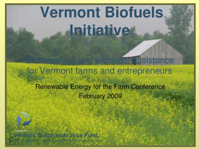 Vermont Biofuels Initiative Grantmaking and technical assistance for Vermont farms and entrepreneurs Renewable Energy for the Farm Conference February 2009