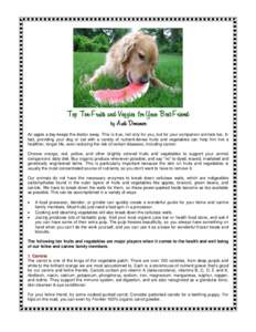 Top Ten Fruits and Veggies for Your Best Friend  by Audi Donamor An apple a day keeps the doctor away. This is true, not only for you, but for your companion animals too. In fact, providing your dog or cat with a variet