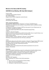 Minutes of the Natura 2000 WG meeting CEEWEB Annual Meeting, 28th Sept 2006, Budapest Events in 2006 Continental Biogeographical Seminar WG N2000 Budapest Bulgaria, Kiten (N2000 management, protected areas)