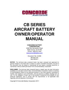 CB SERIES AIRCRAFT BATTERY OWNER/OPERATOR MANUAL CONCORDE BATTERY CORPORATION