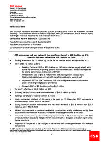 Business / CSR Limited / Net profit / Earnings before interest /  taxes /  depreciation and amortization / Earnings / Profit / Income / Operating cash flow / Dividend / Generally Accepted Accounting Principles / Accountancy / Finance