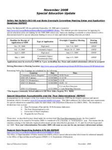 November 2008 Special Education Update Safety Net Bulletin[removed]and State Oversight Committee Meeting Dates and Application Deadlines-REPEAT Safety Net Bulletin[removed]was published September 18, 2008 and is located at