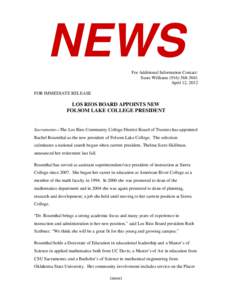 NEWS For Additional Information Contact: Susie Williams[removed]April 12, 2012 FOR IMMEDIATE RELEASE