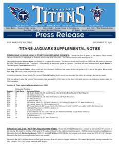 FOR IMMEDIATE RELEASE  DECEMBER 20, 2011 TITANS-JAGUARS SUPPLEMENTAL NOTES TITANS HAVE LEAGUE-HIGH 33 STARTS BY DEFENSIVE ROOKIES: Through the first 14 games of the season, Titans rookies