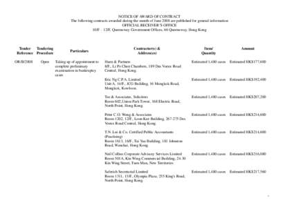 NOTICE OF AWARD OF CONTRACT The following contracts awarded during the month of June 2008 are published for general information OFFICIAL RECEIVER’S OFFICE 10/F – 12/F, Queensway Government Offices, 66 Queensway, Hong