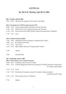 AGENDA for the 7th ITAC Meeting, April 20-22, 2004 Day 1, Tuesday, April 20, :30 – 09:40 Opening of the meeting (K. Tomon and C. McCombie) Block 1 Development in NUMO activities from last ITAC