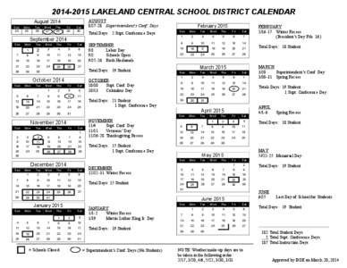 [removed]LAKELAND CENTRAL SCHOOL DISTRICT CALENDAR August 2014 Sun