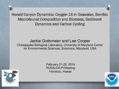 Herald Canyon Dynamics: Oxygen-18 in Seawater, Benthic Macrofaunal Composition and Biomass, Sediment Dynamics and Carbon Cycling Jackie Grebmeier and Lee Cooper Chesapeake Biological Laboratory, University of Maryland Ce