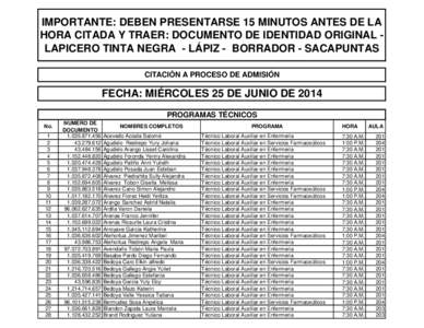 IMPORTANTE: DEBEN PRESENTARSE 15 MINUTOS ANTES DE LA HORA CITADA Y TRAER: DOCUMENTO DE IDENTIDAD ORIGINAL LAPICERO TINTA NEGRA - LÁPIZ - BORRADOR - SACAPUNTAS CITACIÓN A PROCESO DE ADMISIÓN FECHA: MIÉRCOLES 25 DE JUN