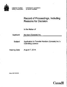 Record of Proceedings, Including Reasons for Decision