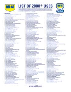 LIST OF 2000 + USES The uses of WD-40 described on this website were provided to WD-40 Company by end-users of the product, and do not constitute recommendations or suggestions for use of WD-40 by WD-40 Company. These us