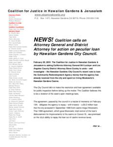 Coalition for Justice in Hawaiian Gardens & Jerusalem Honorary Chairs Ed Asner Stanley Sheinbaum Wallace Albertson Coalition Co-chair