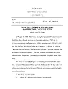 Order Docketing Annual Purchased Gas Adjustment Filing for Further Review