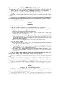 930  BGBl. III – Ausgegeben am 9. Juli 2002 – Nr. 148 AGREEMENT BETWEEN THE REPUBLIC OF AUSTRIA AND THE REPUBLIC OF BOLIVIA FOR THE PROMOTION AND PROTECTION OF INVESTMENTS