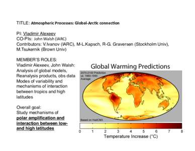 TITLE: Atmospheric	
  Processes:	
  Global-­‐Arc4c	
  connec4on! PI: Vladimir Alexeev! CO-PIs: !John	
  Walsh	
  (IARC)	
   Contributors: V.Ivanov (IARC), M-L.Kapsch, R-G. Graversen (Stockholm Univ),! M.Tsukerni