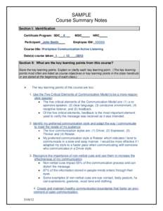 SAMPLE Course Summary Notes Section I: Identification Certificate Program: SDC  X