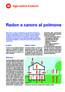 Radon e cancro al polmone Dopo il fumo, il radon è la principale causa del cancro del polmone. In Europa è responsabile di circa il 10% dei casi di cancro polmonare. Il radon presente nell’aria del suolo si concentra