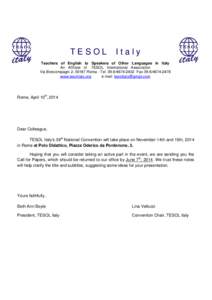 TESOL  Italy Teachers of English to Speakers of Other Languages in Italy An Affiliate of TESOL International Association