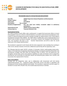 LEADER IN REPRODUCTIVE HEALTH AND POPULATION AND DEVELOPMENT PROGRAMME ANALYST, POPULATION AND DEVELOPMENT Post Title: UNFPA Programme Analyst (Population and Development)