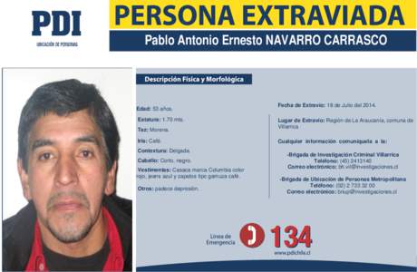 Pablo Antonio Ernesto NAVARRO CARRASCO  Edad: 53 años. Estatura: 1.70 mts. Tez: Morena. Iris: Café.