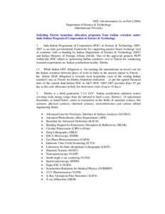 DST Advertisement (As on Feb.2,2006) Department of Science & Technology (International Division) Soliciting Elettra beamtime allocation proposals from Indian scientists under Indo-Italian Program of Cooperation in Scienc