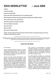 IOHA NEWSLETTER  – June 2006 Contents Letter from the Editor