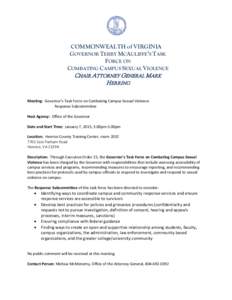 COMMONWEALTH of VIRGINIA GOVERNOR TERRY MCAULIFFE’S TASK FORCE ON COMBATING CAMPUS SEXUAL VIOLENCE  CHAIR ATTORNEY GENERAL MARK