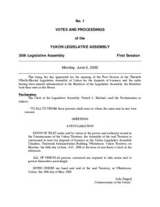 No. 1 VOTES AND PROCEEDINGS of the YUKON LEGISLATIVE ASSEMBLY 30th Legislative Assembly